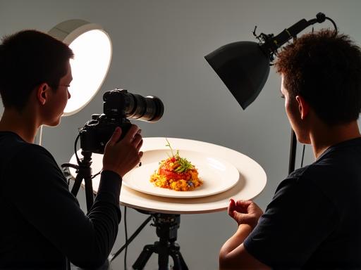 Scène de shooting photo culinaire avec un photographe ajustant l'éclairage sur un plat.