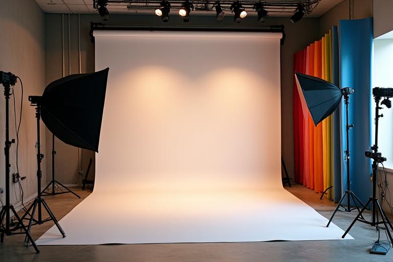 L'espace photographie du studio avec des fonds et des éclairages professionnels.